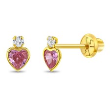 14k Yellow Gold Clear  Pink Cubic Zirconia Heart Screw Back Earrings for Girls