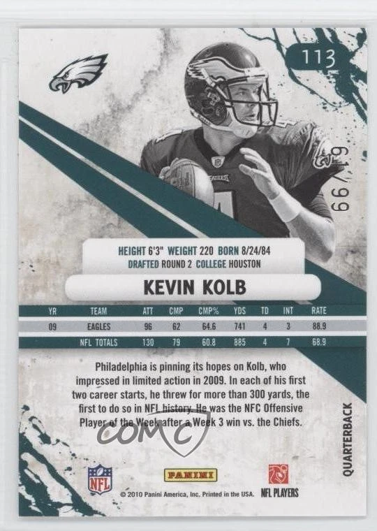 2010 Panini Rookies & Stars Longevity Holofoil /99 Kevin Kolb #113 - Image 2 of 2