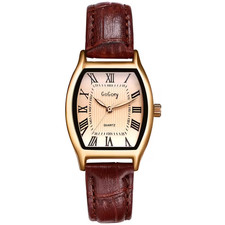 PU Leather Wrist Watch with Tonneau Case  Roman Numerals Dial Brown