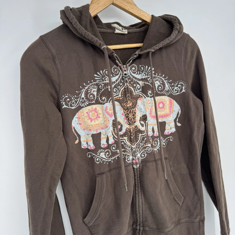 Vintage Lucky Brand Hoodie Women’s Small Brown Elephant Oriental Sweatshirt Y2K - Image 3 of 4