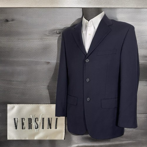 Versini Blazer Jacket Mens 38S Navy Blue Solid Wool Three Buttons