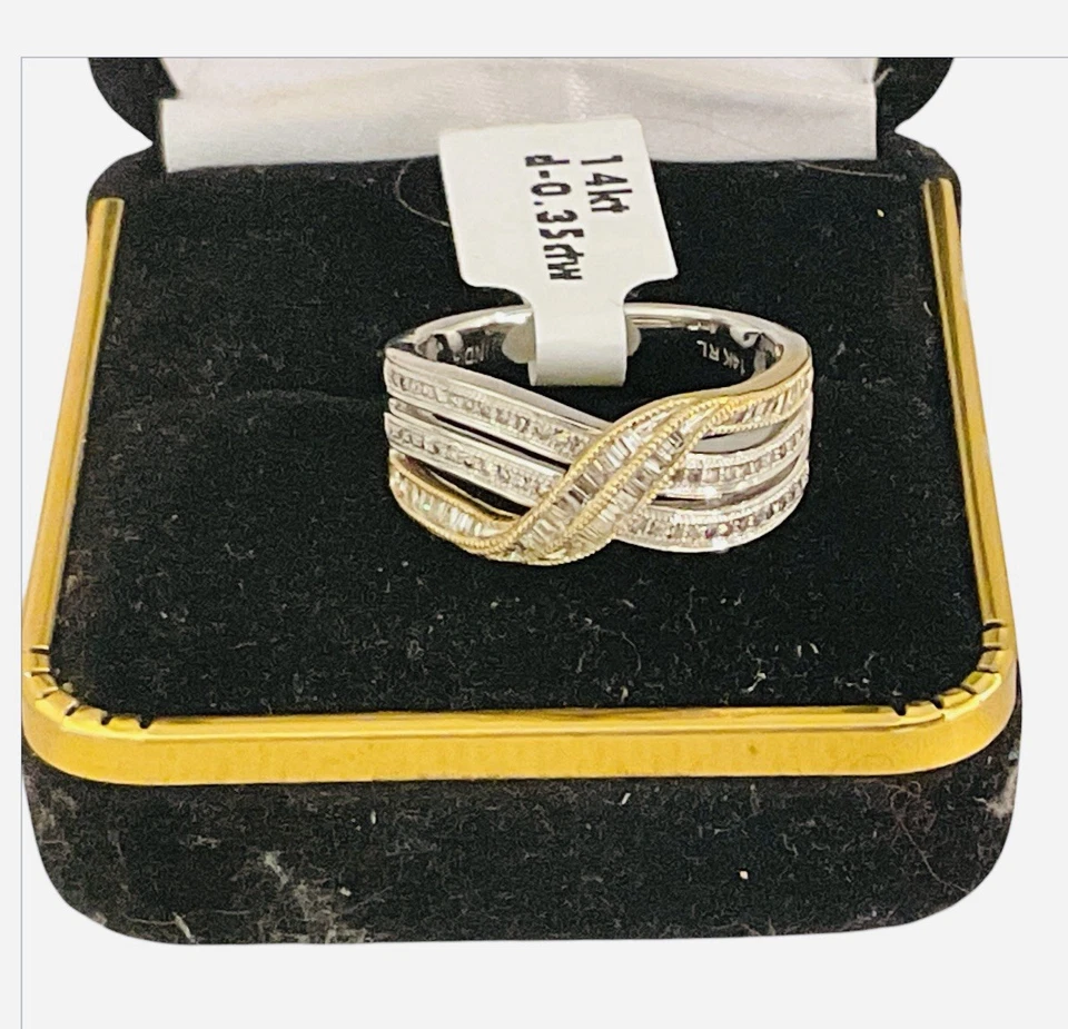 Anillo remolino aniversario boda oro blanco/amarillo 14k vintage diamantes talla 7 Foto 2 de 4