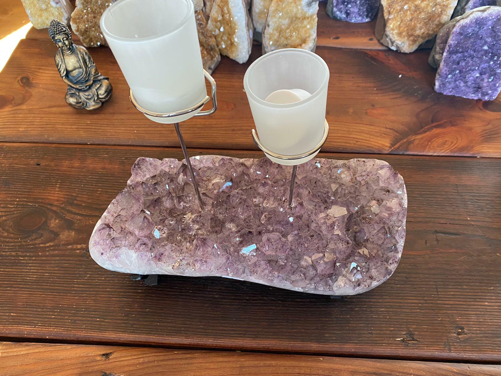 Very Large Huge Amethyst 8 Cluster Druzy Candle / 2 Cup Tealight Holders