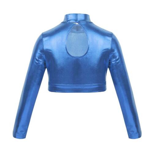 Kids Girls Shiny Crop Top Long Sleeves T-Shirt Tops for Gymnastics Hip-Hop Dance - Picture 66 of 70
