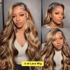 22Inch 4/27 Highlight Body Wave 4x4 Human Hair Lace Frontal Wig 250 Density