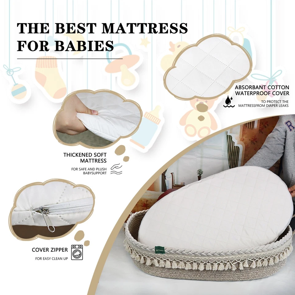 Cesta cambiadora de pañales para bebé Moses de algodón beige con almohadilla y cubierta a prueba de agua. Foto 3 de 4