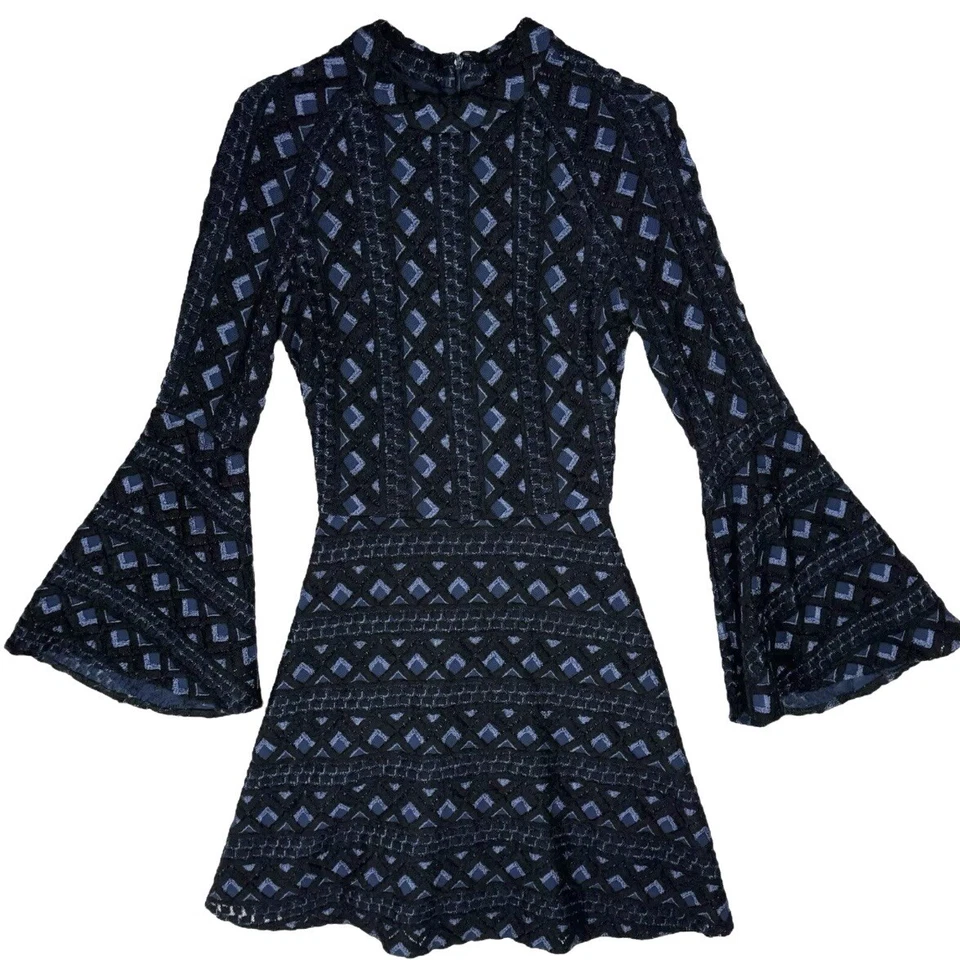 Mini Vestido Just Drew Retro Tejido Crochet Manga Larga Talla 0 Cuello Simulado Geométrico Foto 3 de 4