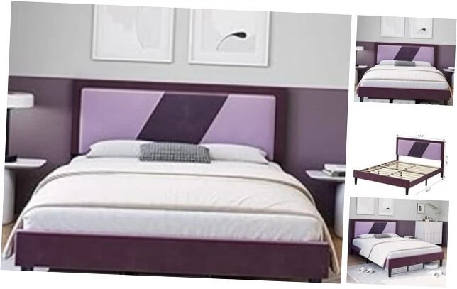 Queen Size Bed Frame with Adjustable Height Headboard Velvet Mix