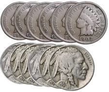 Lot of 12 Coins 6 Indian Head Cents & 6 Buffalo Nickels Nice Collectors US Coins