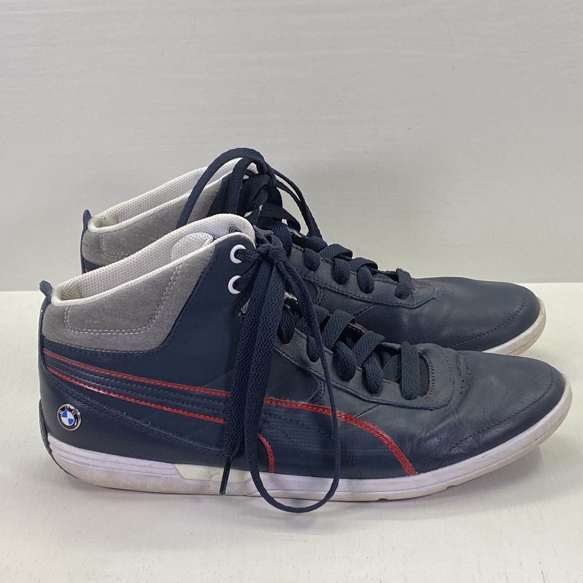 Puma BMW Motorsports Mid Sneaker Shoes Navy Blue Leather Red 
