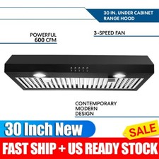 30inch Under Cabinet Range Hood Kitchen 3 Speed Fan 600CFM Cook Vent w/LED Black