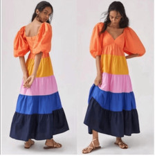 Anthropologie Farm Rio XS Puff Sleeve Tiered Maxi Dress Tropical Colorblock New
