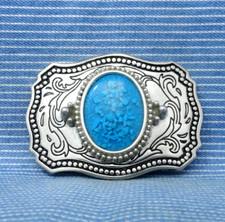 Cowboys Western Scroll Belt Buckle Blue Stone Chip Mount Cowgirl Vtg 80s .CPA505