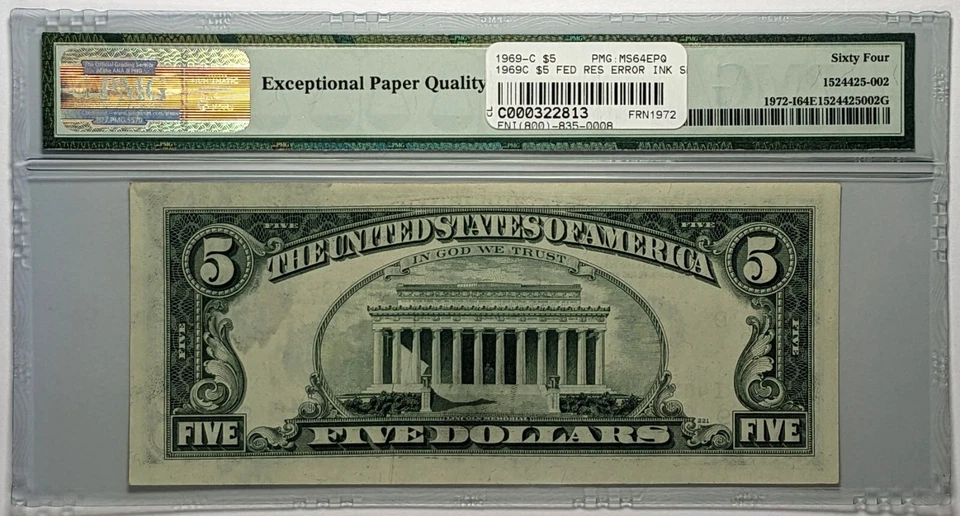 1969C $5 Federal Reserve Note Minneapolis Fr#1972-I PMG Ch UNC 64 EPQ Ink Smear - Image 2 of 3