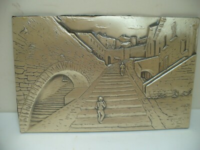3D Metal Art Pressed Print 10x6.5 People on Town Stairs Village Brick Arch Homes