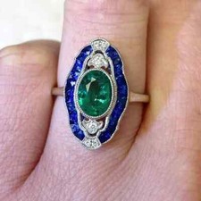 Art Deco Style Lab-Created Emerald  Sapphire Engagement Gift Ring 925 Silver