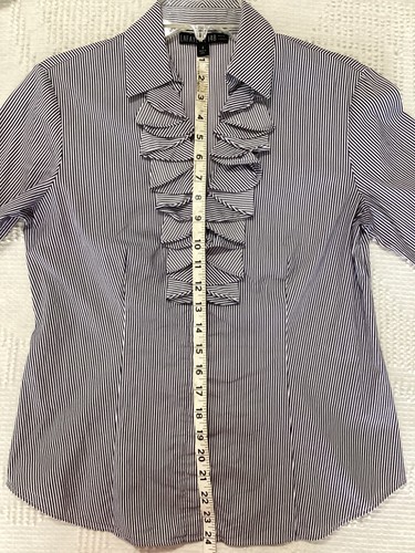 Lafayette 148 Women Blue& White Ruffled Front Hidden Button Blouse size 4 - Picture 6 of 8