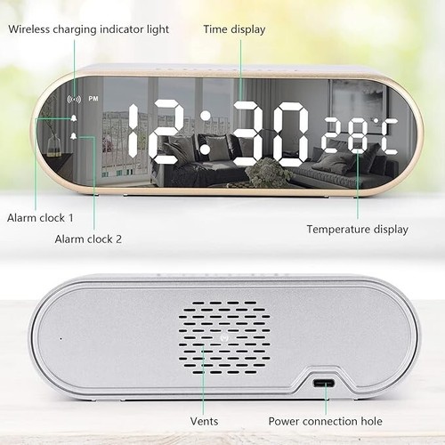 Alarm Clock, With wireless charging 15W, Snooze Fast Digital Bedside ,Silver - Picture 7 of 8