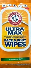 Arm & Hammer Ultra Max 30 Wipes FRESH SCENT Face & Body Odor Camping Travel Pack