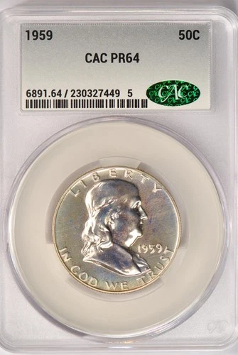1959 TONED Franklin Half Dollar Proof CAC PR64 PF 64 SEE VIDEO Original Toning