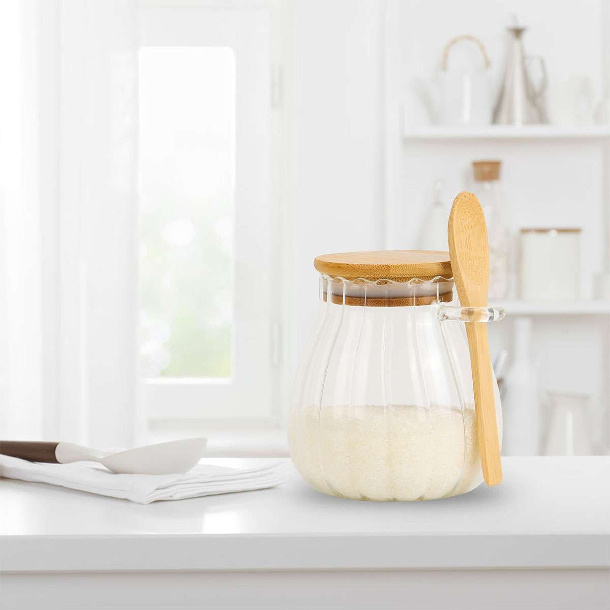 Sugar Container with Bamboo Lid and Spoon,350ml Sugar Bowl Glass Jar for Coffee
