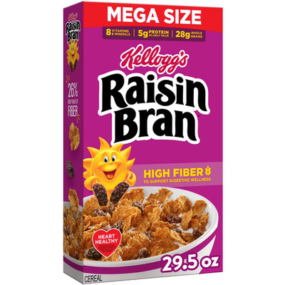Kellogg s Raisin Bran Breakfast Cereal, High Fiber, 28g Whole Grain, Mega Size