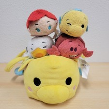 LOT OF 4 MINI Disney Tsum Tsum Plush Set Bundle The Little Mermaid Flounder Bag