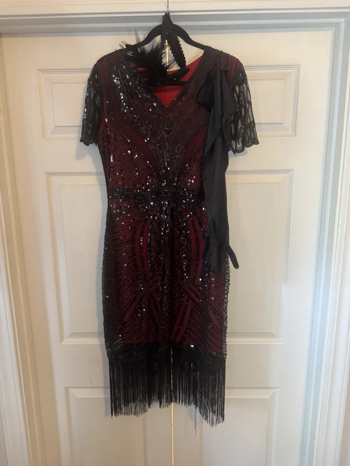 Vestido Roaring años 20 con cuentas aleta Gatsby rojo y negro Halloween con accesorios L Foto 3 de 4