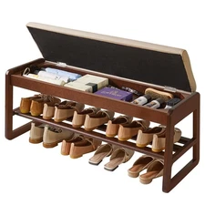 Shoe Rack Bench with Cushion, 2 Tiers Wood Shoe Bench with Flip-Top Storage,3...