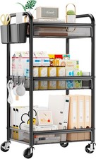 3 Tier Metal Rolling Cart Black Utility Storage Cart with Wheels
