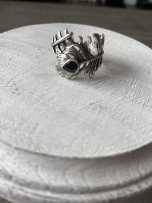 Sterling Silber und Onyx Pfauenfeder Ring Größe 11