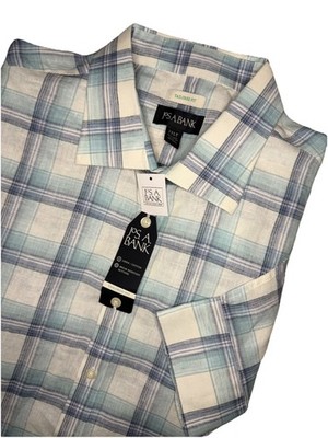 JOS A BANK Men's Shirt 2XLT Tartan Checked  Linen Cotton Tailored Fit Oxford