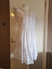 Papaya white lace schiffli frill ruffle tie neck cotton summer dress - 14