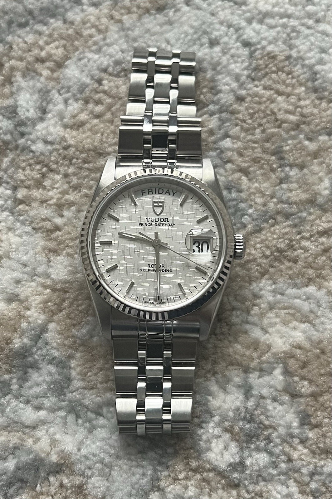 Tudor Prince Date Day 76214 White Gold Fluted Bezel with Silver Linen Dial