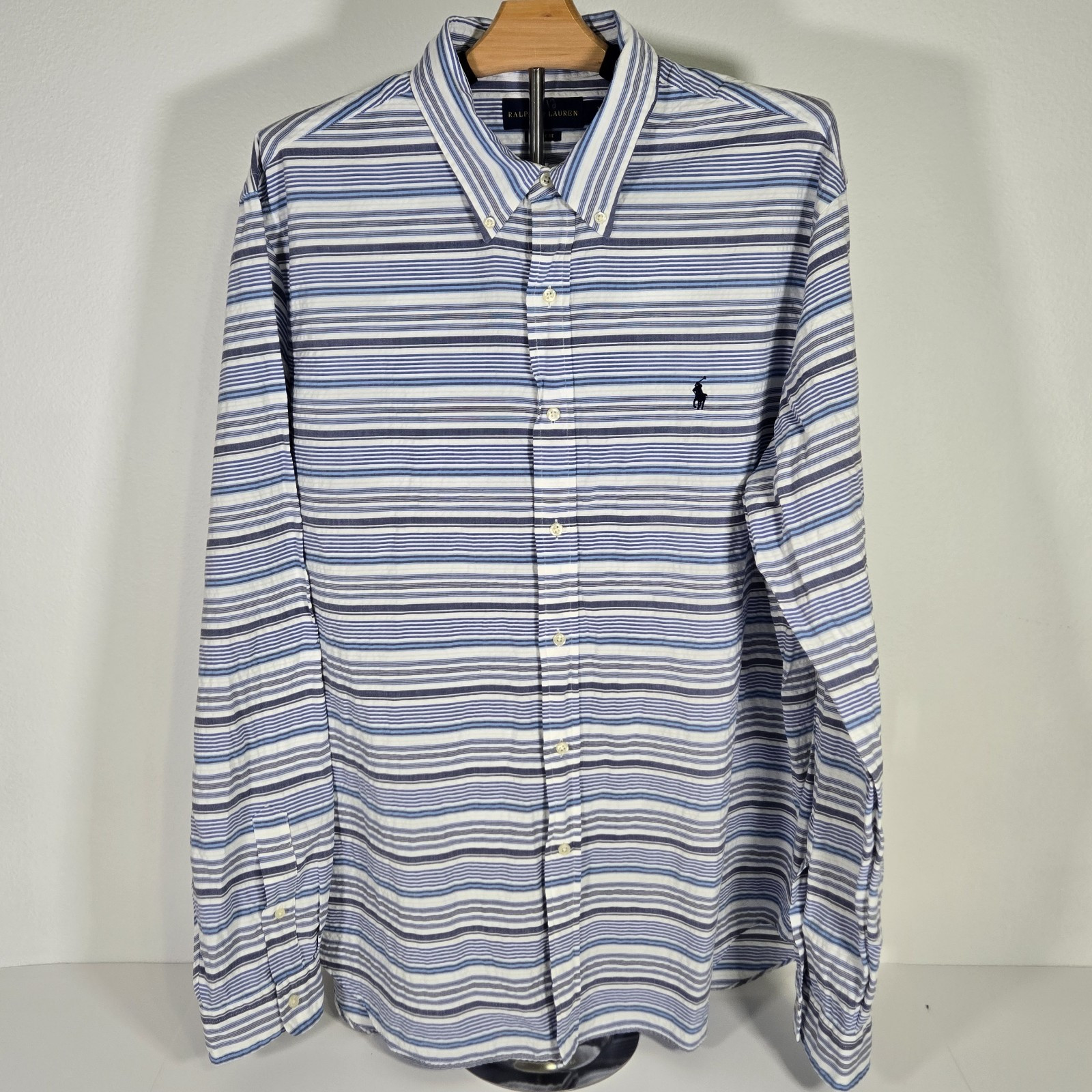 Polo Ralph Lauren camicia uomo XXL blu bianco orizzontale righe bottoni pony