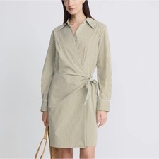 Vince Olive Striped Shirt Wrap Sheath Dress MEDIUM Work Cotton Designer $400