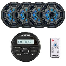 Kicker Marine Bluetooth Receiver, 4x 6.5" 195W LED Charcoal Speakers, Remote