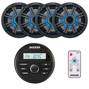 Kicker Marine Bluetooth Receiver, 4x 6.5" 195W LED Charcoal Speakers, Remote