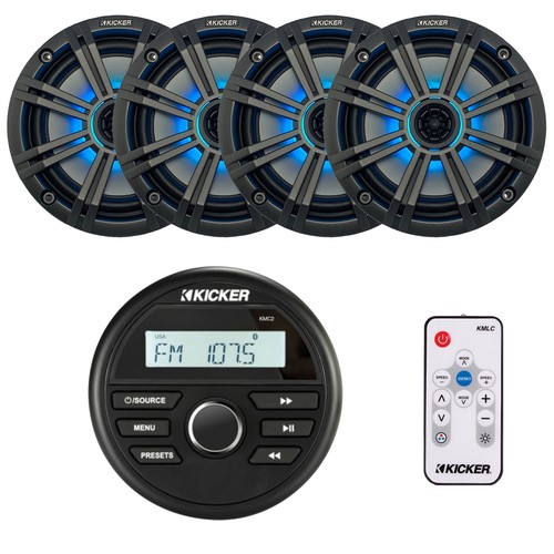 Kicker Marine Bluetooth Receiver, 4x 6.5" 195W  LED Charcoal Speakers, Remote