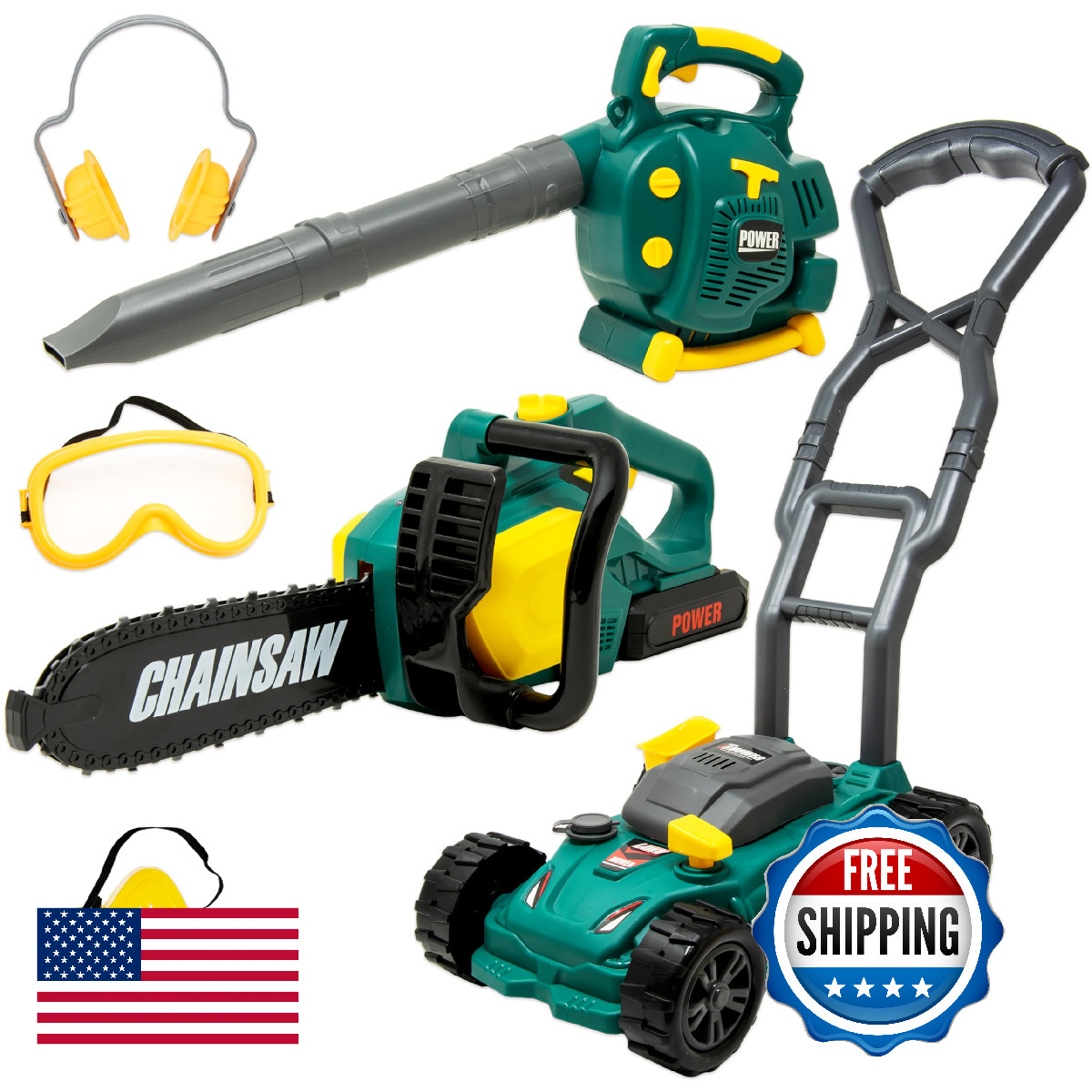 TeganPlay Kids Leaf Blower, Toy Chainsaw, and Lawn Mower Set
