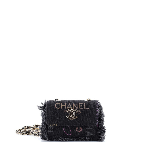 Chanel Denim Mood Flap Belt Bag Logo Printed Quilted Fringe Denim Micro