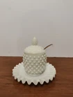 Vintage Fenton Hobnail White Milk Glass Jam Jelly Jar W/ Spoon Lid & Under Plate