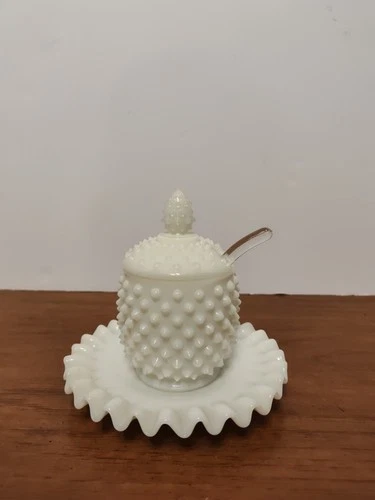 Vintage Fenton Hobnail White Milk Glass Jam Jelly Jar W/ Spoon Lid & Under Plate