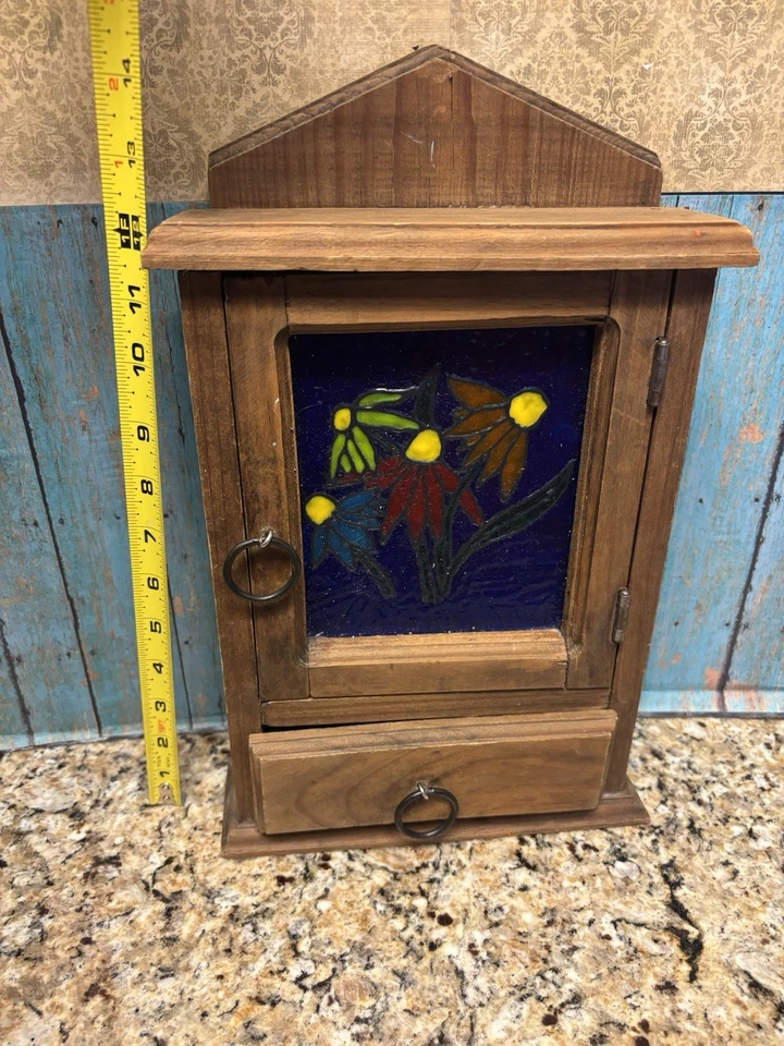 Llavero colgante de pared de madera vintage vidrio pintado diseño floral hecho a mano Foto 4 de 4