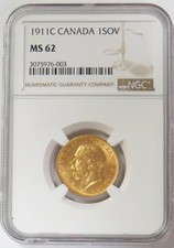 1911 C GOLD CANADA SOVEREIGN KING GEORGE V COIN NGC MINT STATE 62