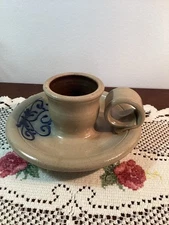 Stoneware Candle Holder W/Cobalt Heart Salt Glazed 1992 Maple City Pottery