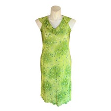 Adrian Karen Vtg Green Floral Sleeveless V-neck Pleated Dress w/ Ruffles Size S