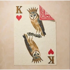 John Derian King of Hearts OWL Card Quilt 70” x 50” Quilted Throw Blanket NEW