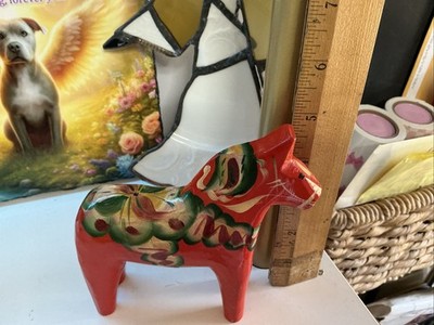 Vintage Nils Olsen Orange Hand Painted Dala Horse 5” Swedish Folk