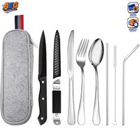 Reisebesteck 9-Teilig Edelstahl Tragbare Bestecktasche Camping Outdoor